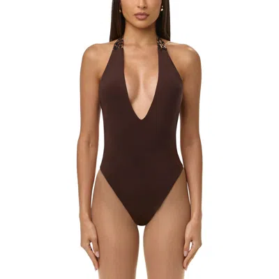 Naked Wardrobe Deep Plunge Halter Bodysuit In Brown