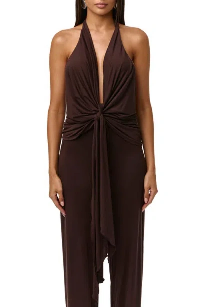 Naked Wardrobe Deep Plunge Neck Tie Front Halter Top In Brown