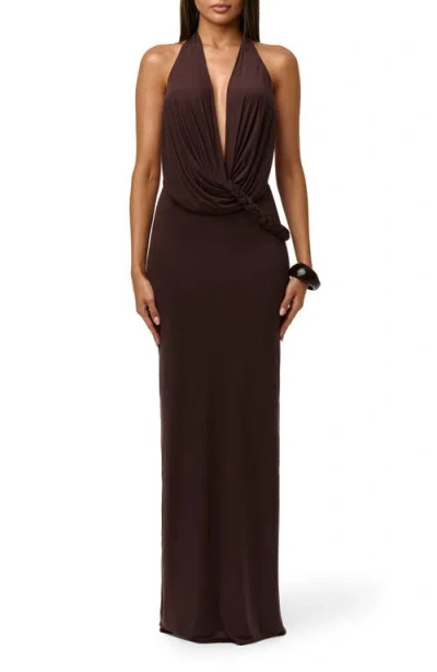 Naked Wardrobe Deep Plunge Open Back Maxi Dress In Brown