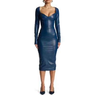 Naked Wardrobe Down To The Corset Long Sleeve Faux Leather Dress In Navy