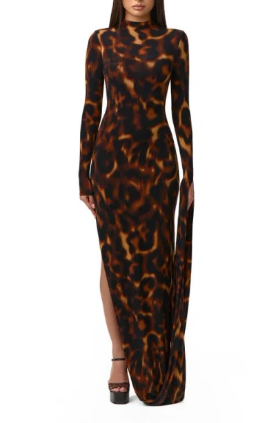 Naked Wardrobe Draped Long Sleeve Maxi Dress In Brown
