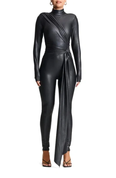 Naked Wardrobe Drip Draped Faux Leather Jumpsuit In Black