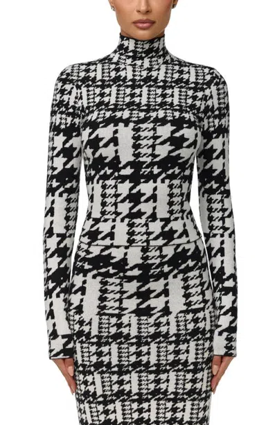 Naked Wardrobe Dual Houndstooth Turtleneck Knit Top In Black