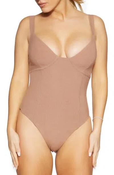 Naked Wardrobe Faux Bustier Ribbed Bodysuit In Brown