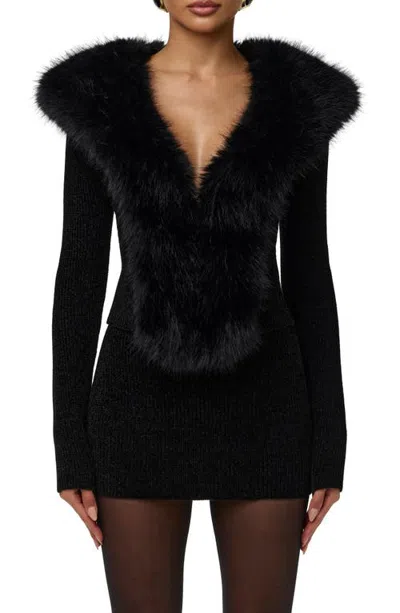 Naked Wardrobe Faux Fur Collar Cardigan In Black