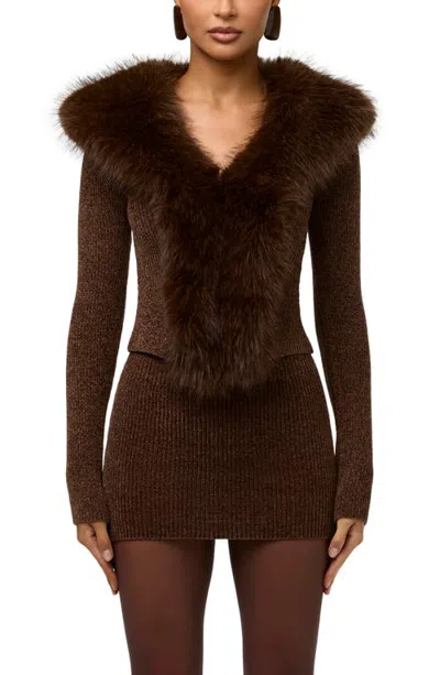Naked Wardrobe Faux Fur Collar Cardigan In Dark Chocolate