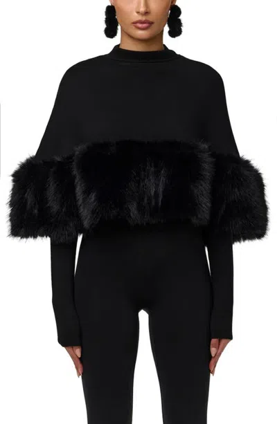 Naked Wardrobe Faux Fur Trim Cape Crop Top In Black