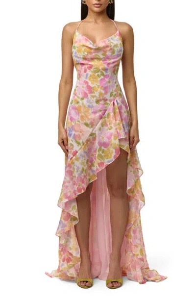 Naked Wardrobe Floral Chiffon Halter High-low Dress In Pink