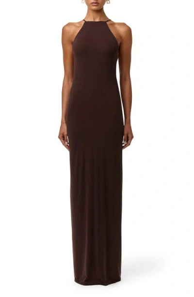 Naked Wardrobe Floral Chiffon Tassel Halter Neck Maxi Dress In Burgundy