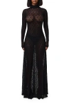 Naked Wardrobe Floral Long Sleeve Stretch Lace Turtleneck Maxi Dress In Blue