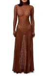 Naked Wardrobe Floral Long Sleeve Stretch Lace Turtleneck Maxi Dress In Brown