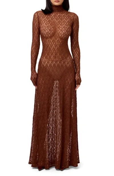 Naked Wardrobe Floral Long Sleeve Stretch Lace Turtleneck Maxi Dress In Brown