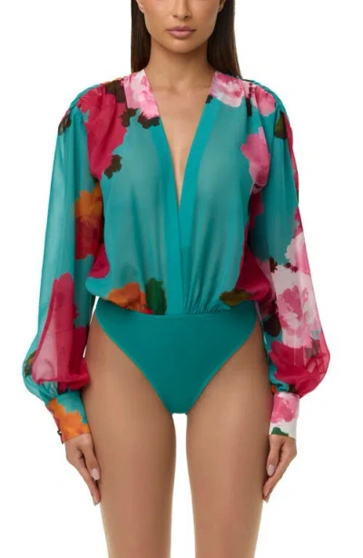 Naked Wardrobe Floral Print Chiffon V-neck Bodysuit In Green