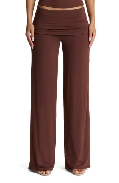 Naked Wardrobe Foldover Flare Pants In Chocolate
