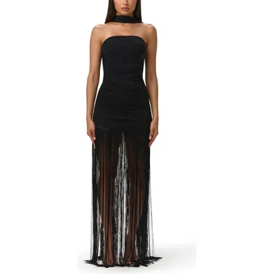 Naked Wardrobe Fringe Hem Ruched Strapless Dress In Black