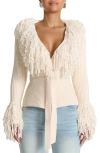Naked Wardrobe Fringe Tie Waist Chenille Cardigan In Neutral