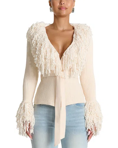 Naked Wardrobe Fringe Trim V Neck Cardigan In Bone