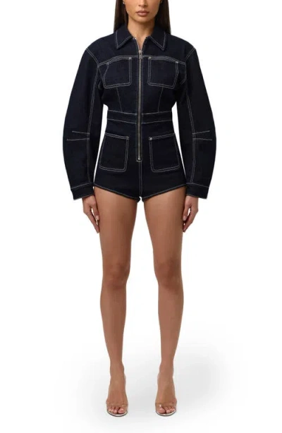Naked Wardrobe Front Zip Denim Romper In Blue
