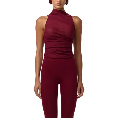 Naked Wardrobe Funnel Neck Semisheer Mesh Bodysuit In Burgundy