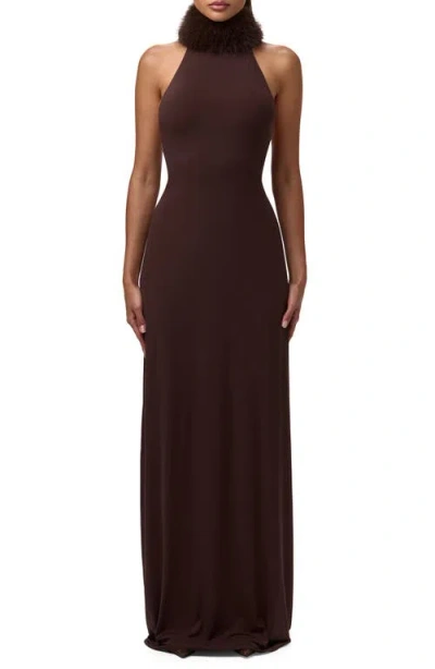 Naked Wardrobe Halter Dress With Removable Faux Fur Collar In Brown