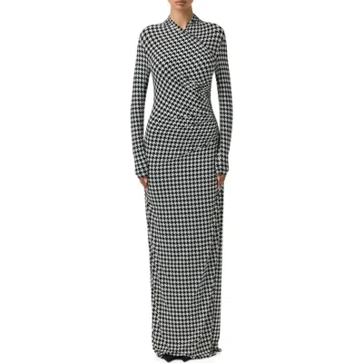 Naked Wardrobe Houndstooth Overlap Neck Long Sleeve Maxi Dress In Gray
