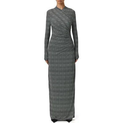 Naked Wardrobe Houndstooth Overlap Neck Long Sleeve Maxi Dress In Gray