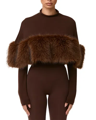 Naked Wardrobe Knit Faux Fur Cape Top In Brown