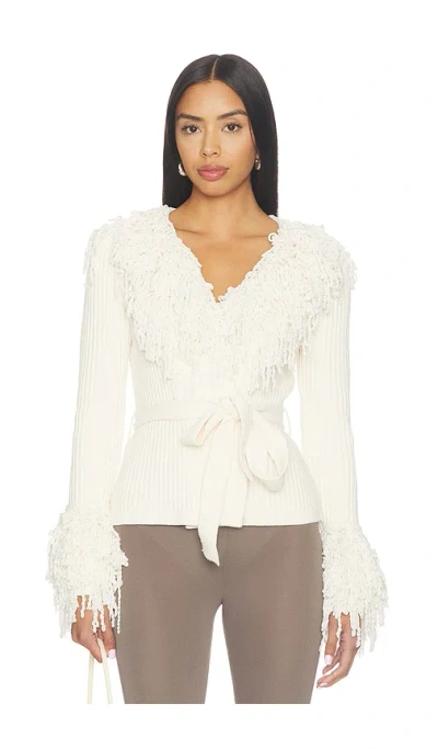 Naked Wardrobe Knit Fringe V-neck Cardigan In Beige