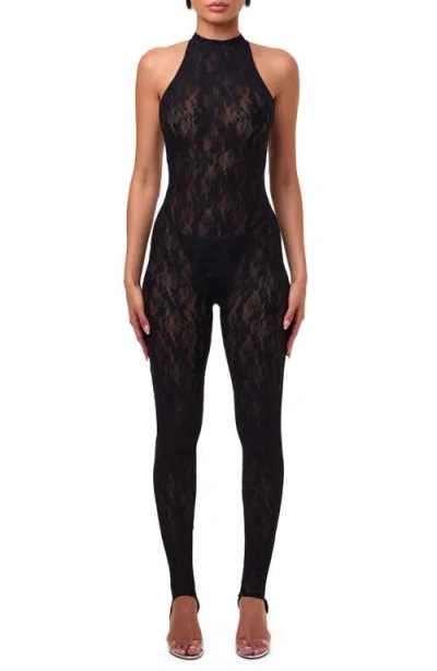 Naked Wardrobe Lace Racerback Stirrup Jumpsuit In Black