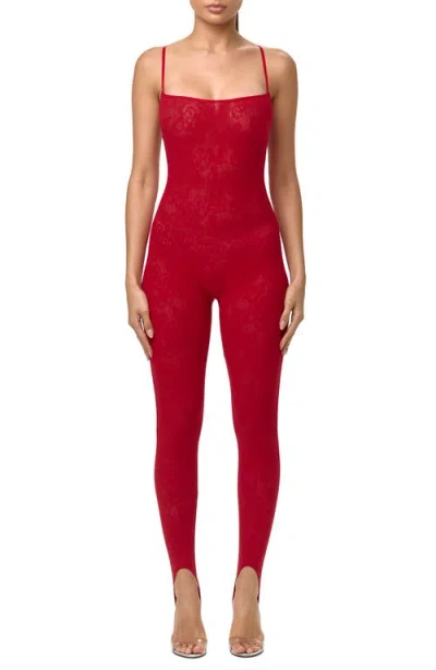 Naked Wardrobe Lace Stretch Lace Stirrup Jumpsuit In Red