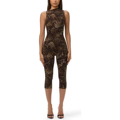 Naked Wardrobe Leopard Print Asymmetrical Neck Capri Jumpsuit In Multi