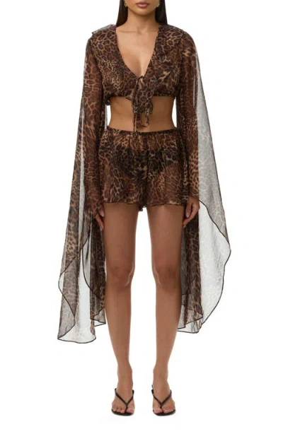 Naked Wardrobe Leopard Print Ruffle Tie Crop Top In Brown