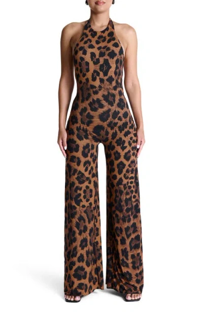 Naked Wardrobe Leopard Print Wide Leg Halter Jumpsuit