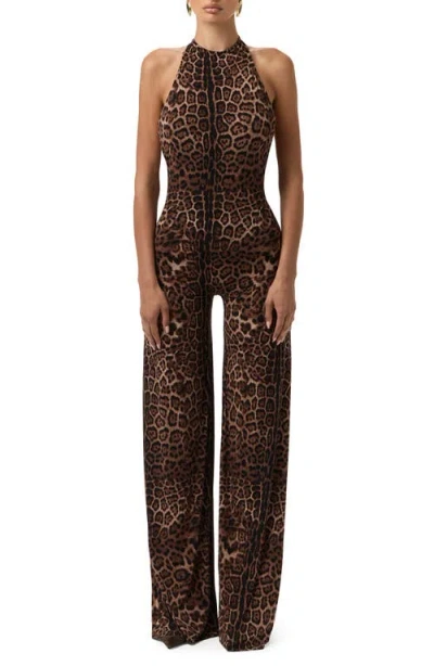 Naked Wardrobe Leopard Print Wide Leg Halter Jumpsuit In Brown