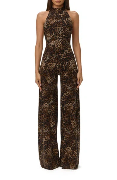 Naked Wardrobe Leopard Print Wide Leg Halter Jumpsuit In Multi