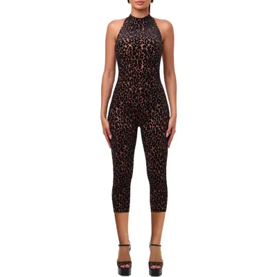 Naked Wardrobe Leopard Velvet Burnout Halter Capri Bodysuit In Multi
