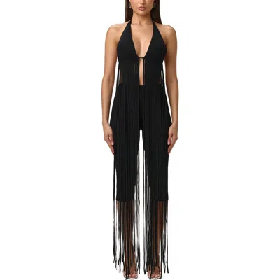 Naked Wardrobe Long Fringe Halter Top In Black