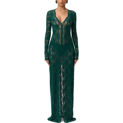 Naked Wardrobe Long Sleeve Button-up Lace Maxi Dress In Metallic