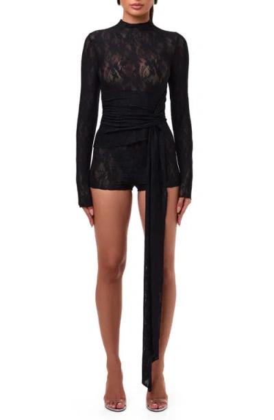 Naked Wardrobe Long Sleeve Lace Drape Top In Black
