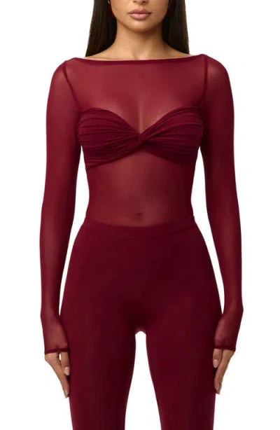 Naked Wardrobe Long Sleeve Mesh Bodysuit In Red