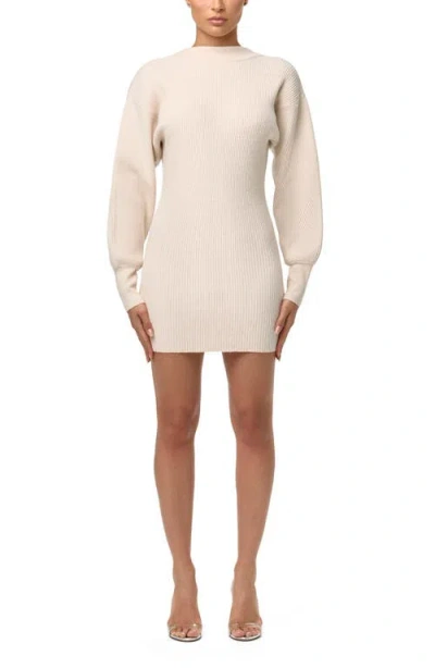Naked Wardrobe Long Sleeve Rib Knit Minidress In Neutral