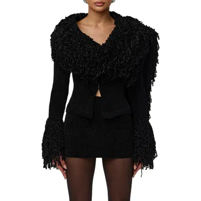 Naked Wardrobe Loop Fringe Ribbed Cardigan In Black