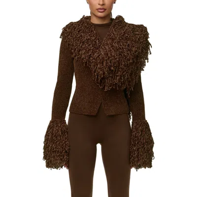 Naked Wardrobe Loop Fringe Ribbed Cardigan In Brown