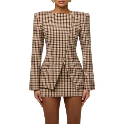 Naked Wardrobe Micro Plaid Fitted Blazer In Brown