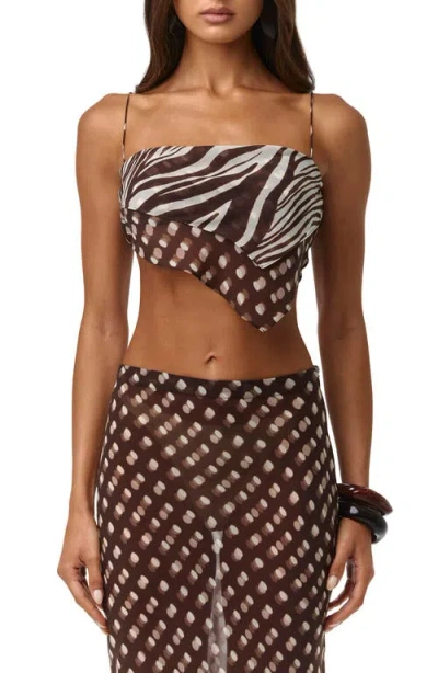 Naked Wardrobe Mixed Print Chiffon Asymmetric Scarf Crop Top In Brown