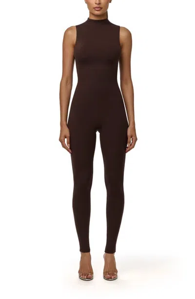 Naked Wardrobe Mock Neck Jumpsuit In Brown