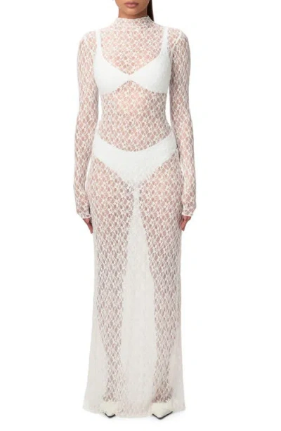 Naked Wardrobe Mock Neck Long Sleeve Sheer Lace Maxi Dress In White