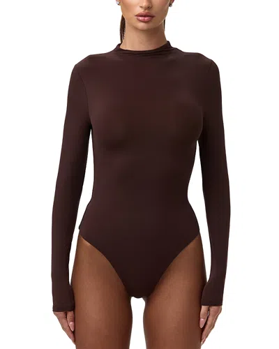 Naked Wardrobe Mock Neck Long Sleeve Thong Bodysuit In Dark Chocolate