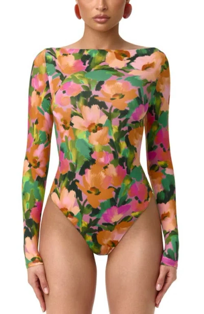 Naked Wardrobe Naked Floral Long Sleeve Bodysuit In Multi
