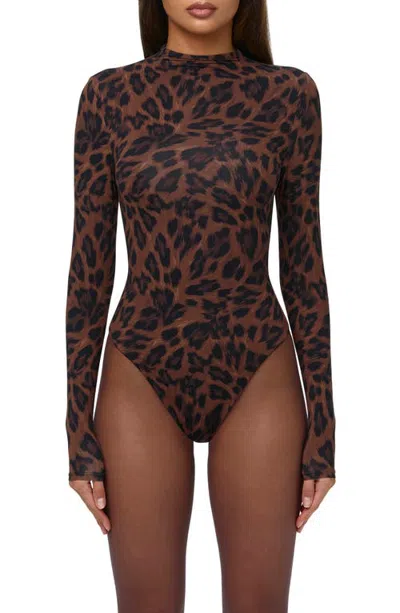 Naked Wardrobe Naked Snakeskin Print Long Sleeve Bodysuit In Brown